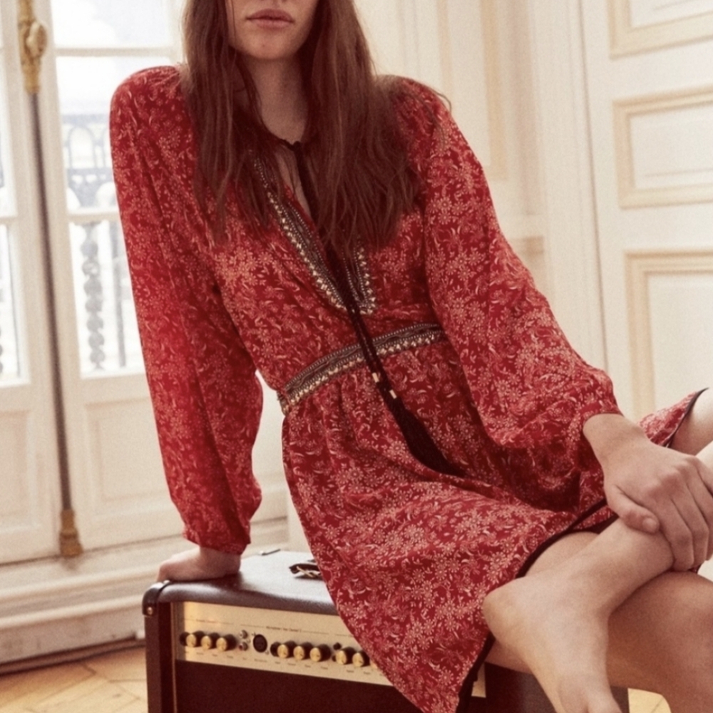 The Kooples Sunrise Boho Embellished Water Lili Silk Peasant Dress